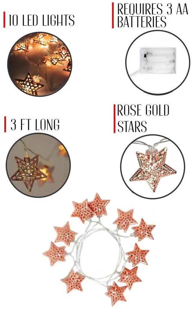 Alt view image 5 of 6 - 10 LED Rose Gold Metal Star String Lights Battery Operated, Warm White