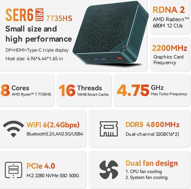 Beelink SER6 PRO AMD Ryzen 7 7735HS High Performance gaming mini pc office  32G 500GB DDR5 dp 4K display Desktop beelink SER6 PRO mini PC 