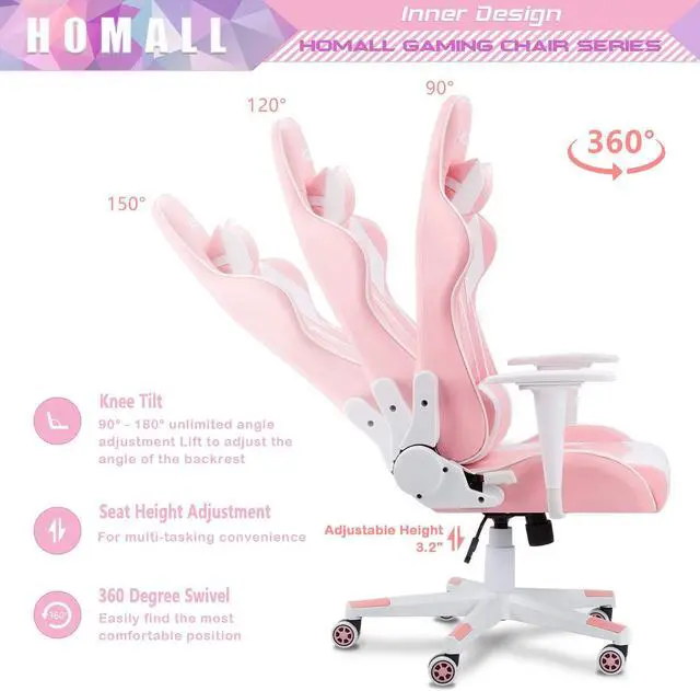 Alt view image 6 of 7 - Homall Gaming Chair, Office Chair High Back Computer Chair Leather Desk Chair Racing Executive Ergonomic Adjustable Swivel Task Chair with Headrest and Lumbar Support (Pink)