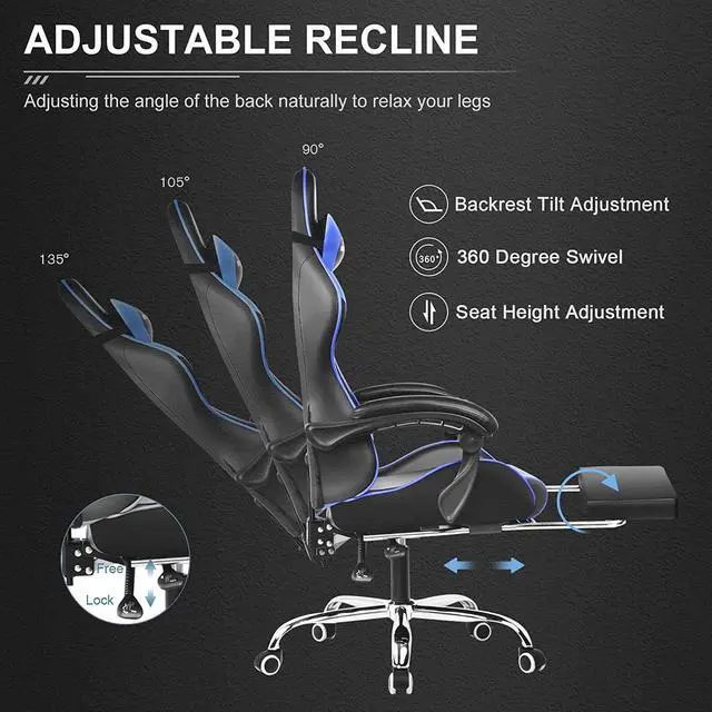 Alt view image 5 of 7 - GTPLAYER Gaming Chair, Computer Chair with Footrest and Lumbar Support, Height Adjustable Gaming Chair with 360°-Swivel Seat and Headrest for Gaming or Office (Blue)