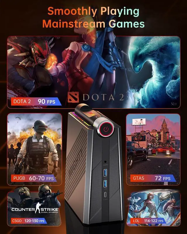 Alt view image 7 of 7 - KAMRUI Intel Core i7-12650H Mini Gaming PC, 32GB DDR4 Dual Channel 512GB M.2 NVME SSD, Mini Tower PC Windows 11 Pro with 4K Triple Display, Type C, WiFi 6, BT 5.2, Mini Desktop Computer for Office