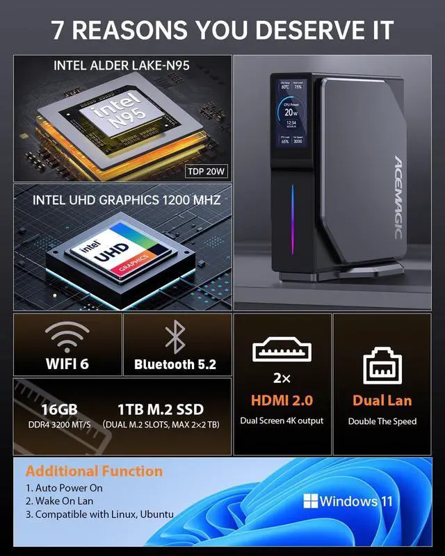 Alt view image 2 of 7 - ACE S1 Mini PC with LCD Screen, Intel Alder Lake-N95 (up to 3.4GHz), 16GB DDR4 1024GB M.2 SSD Vertical Mini Computer, Mini Tower PC with RGB Light, WiFi 6/BT 5.2/4K UHD/Dual LAN for Home/Office