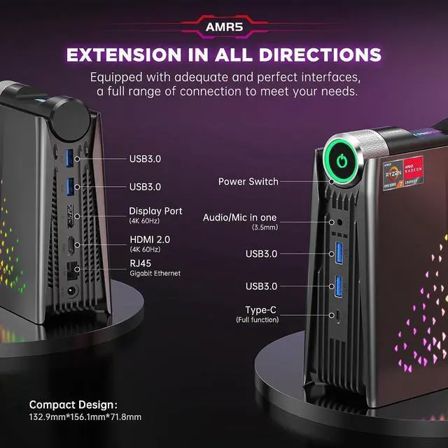 Alt view image 5 of 7 - ACE 4K Gaming PC Mini PC 32GB RAM 512GB SSD with Ryzen 7 5700U, Mini Computer Small Form Factor Desktop Computer, Micro PC AMR5 Support 3 Mode PERF Switch, RGB Light, Upgrade Capacity, 4K UHD