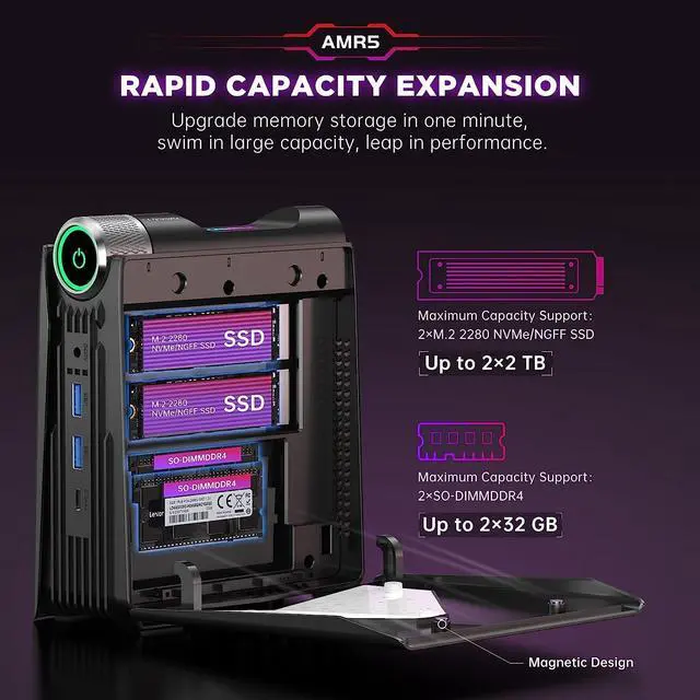 Alt view image 7 of 7 - ACE 4K Gaming PC Mini PC 32GB RAM 512GB SSD with Ryzen 7 5700U, Mini Computer Small Form Factor Desktop Computer, Micro PC AMR5 Support 3 Mode PERF Switch, RGB Light, Upgrade Capacity, 4K UHD