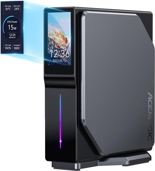 ACEMAGIC S1 Mini PC with LCD Screen, Intel Alder Lake-N100 (up to 3.4GHz),  16GB DDR4 1TB M.2 SSD Vertical Mini Computer, Mini Tower PC with RGB Light
