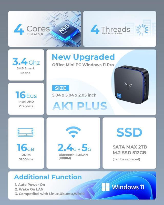 Alt view image 2 of 7 - KAMRUI Mini PC AK1 Plus, Intel N95 12th Gen Processor Mini Desktop Computer, 16GB RAM 512GB SSD, Dual 4K HDMI Small PC, 2.4/5G WiFi, Bluetooth, Business/Office/HTPC