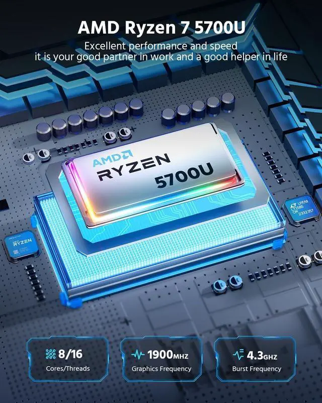 Alt view image 2 of 7 - KAMRUI Mini PC Ryzen 7 5700U(8C/16T, up to 4.3GHz), Windows 11 Mini Computer 32GB DDR4 RAM 512GB M.2 2280 NVME SSD Mini PC Gaming, 4K Dual Display Mini Desktop Support WiFi6/BT5.2/Dual Channel
