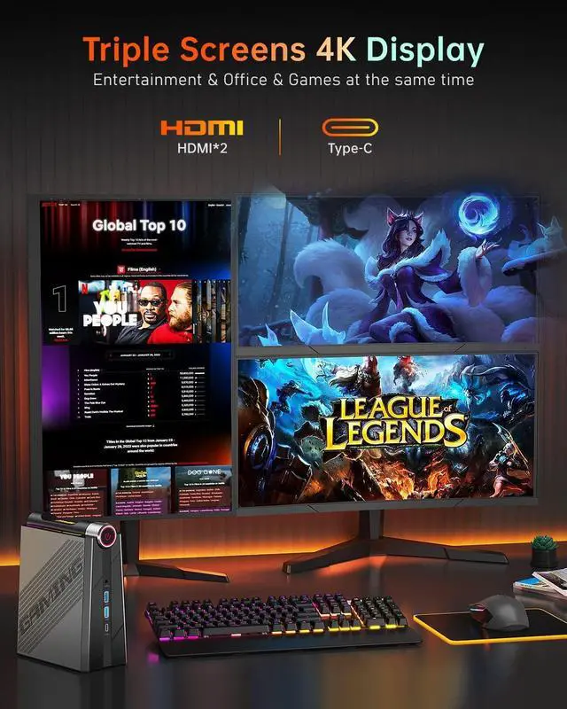 Alt view image 6 of 7 - KAMRUI Mini Gaming PC, AMD Ryzen 7 7735HS(up to 4.75Ghz) 32GB RAM Dual Channel 512GB NVME SSD, Windows 11 Mini Computer Gaming Desktop PC 3 Mode PERF Switch, RGB Light, 4K UHD, Type-C, WiFi6/BT5.2