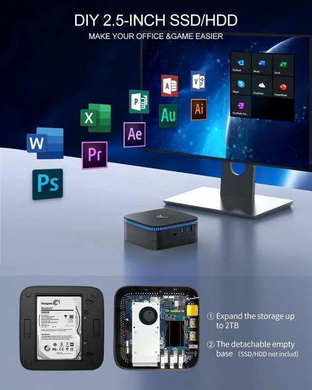 Alt view image 6 of 7 - KAMRUI 4K Mini PC AK1PLUS 16GB RAM Intel 12th Alder Lake N100 Windows 11 HDMI 1TB M.2 SSD 2.4 & 5GHz Wi-Fi and support WIFI 5 expand the storage up to 2TB