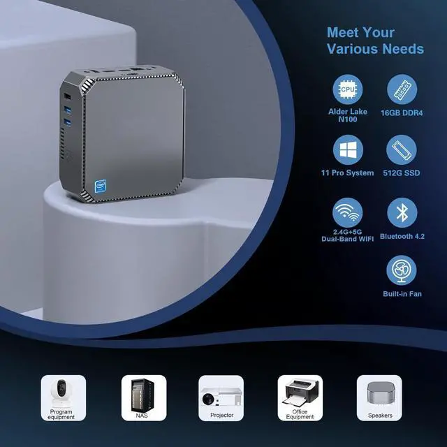 Alt view image 6 of 7 - AK2 Plus Mini PC, Intel 12th Gen Alder Lake- N100(up to 3.4GHz) Mini Tower Computer, 16GB DDR4 RAM 512GB SSD Mini Computer Windows 11 Support 4K HD/WiFi 5/BT4.2/Gigabit Ethernet for Home/Office