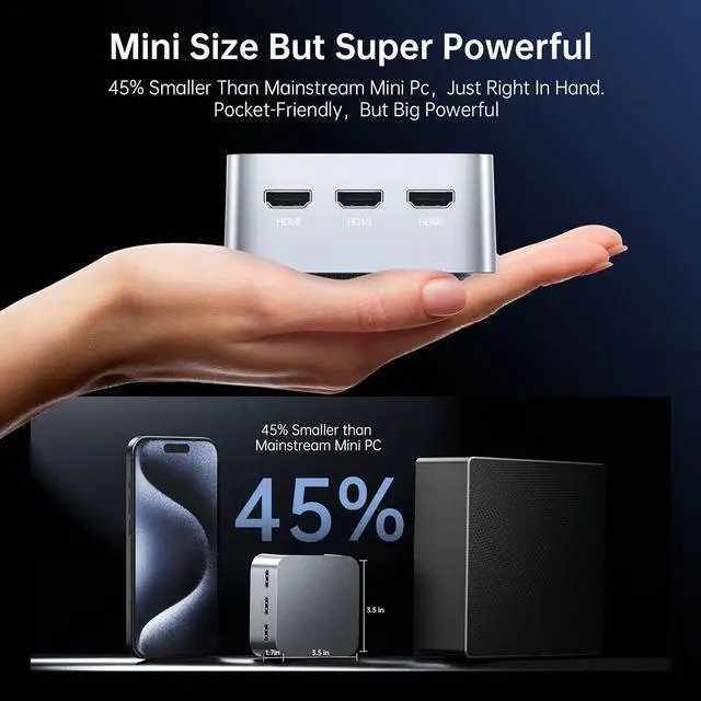 Alt view image 5 of 7 - 4K Mini PC Computer Win 11Pro, Intel 12th Gen N95 (up to 3.4GHz) 8GB LPDDR4X 256GB M.2 SSD Desktop Computers, Micro PC Support 4K UHD, Dual Gigabit Ethernet,3 HDMI,2.4G/5G WiFi, BT4.2