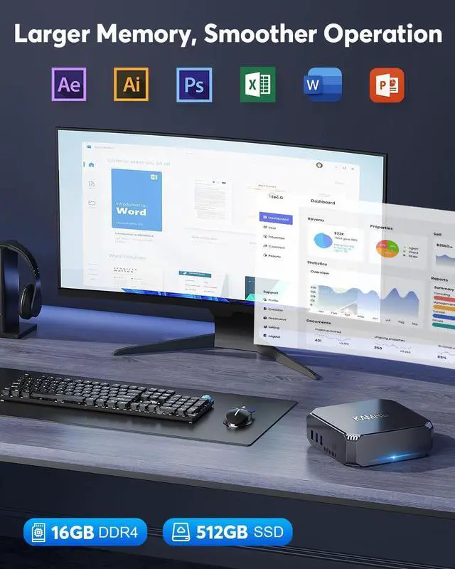 Alt view image 4 of 7 - 4k Mini PC, Intel 12th Gen Alder Lake- N100(up to 3.4GHz) Mini Tower Computer, 16GB DDR4 RAM 512GB SSD Mini Computer Windows 11 Support 4K HD/WiFi 5/BT4.2/Gigabit Ethernet for Home/Office