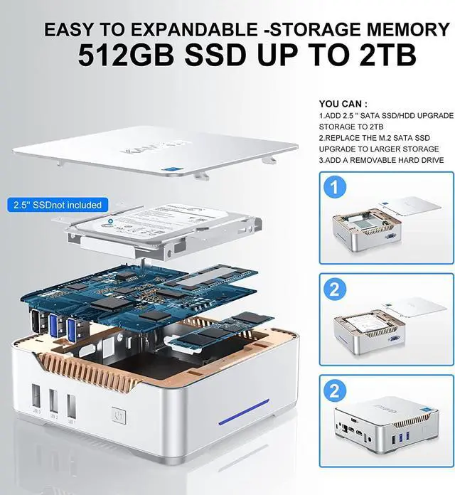 Alt view image 6 of 7 - KAMRUI 4K Mini PC 16GB DDR4 RAM 512GB SSD ROM, Intel 12th Alder Lake-N95 4 Core Processor,windows 11 home, WiFI/BT,Office mini PC