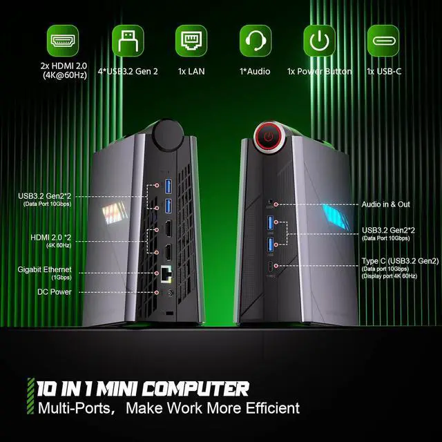Alt view image 3 of 7 - KAMRUI 4K Mini Gaming PC i9, i9-11900H Processor(Up to 4.9GHz), Mini PC Gaming 16GB RAM 512GB NVME SSD, Mini Computers Desktop with 3 Modes/RGB/Dual Fans/Wifi 6/BT5.2