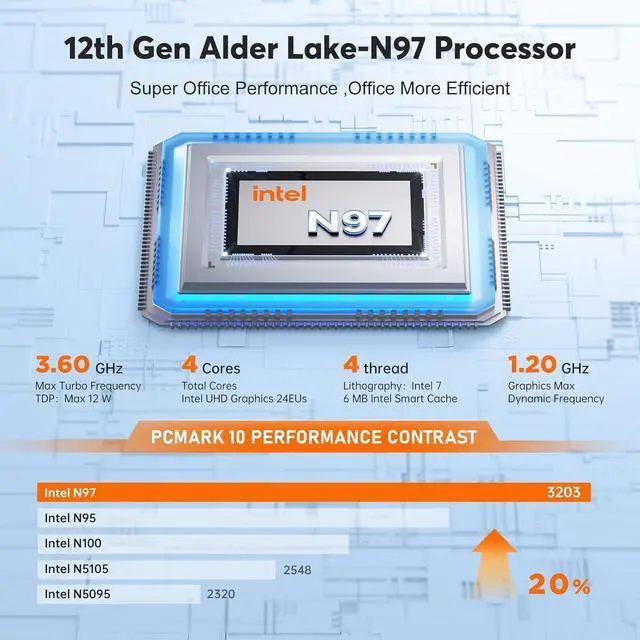Alt view image 2 of 7 - KAMRUI Mini PC E1 with 12th Alder Lake-N97 (4C/4T, Up to 3.6GHz), 16GB RAM LPDDR5 1TB PCIe M.2 SSD Mini Desktop Computer Windows 11Pro-4K Triple Display, WiFi 5, Dual LAN for Home/Office