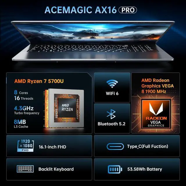 Alt view image 2 of 7 - KAMRUI Gaming Laptop 16.1" FHD Laptop AMD Ryzen 7 5700U 16GB DDR4 RAM 512GB SSD 5G/2.4G WIFI Bluetooth 5.2 Windows 11 Pro