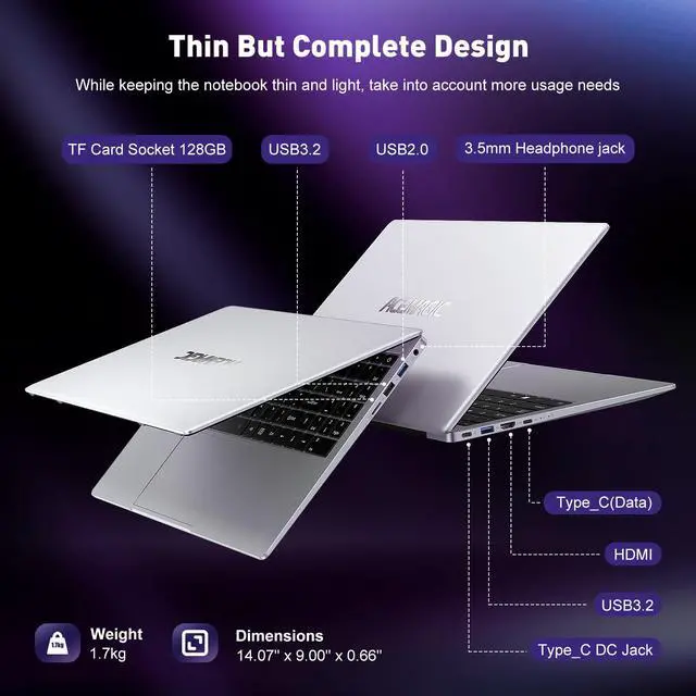 Alt view image 4 of 7 - kamrui Laptop Computer, 16GB DDR4 512GB SSD, 15.6 Inch Laptop with Intel Quad-Core N97(Up to 3.6GHz), Metal Shell, BT5.0, 5G WiFi, USB3.2, Type_C, Webcam, Long Battery Life, 180° Open Angle