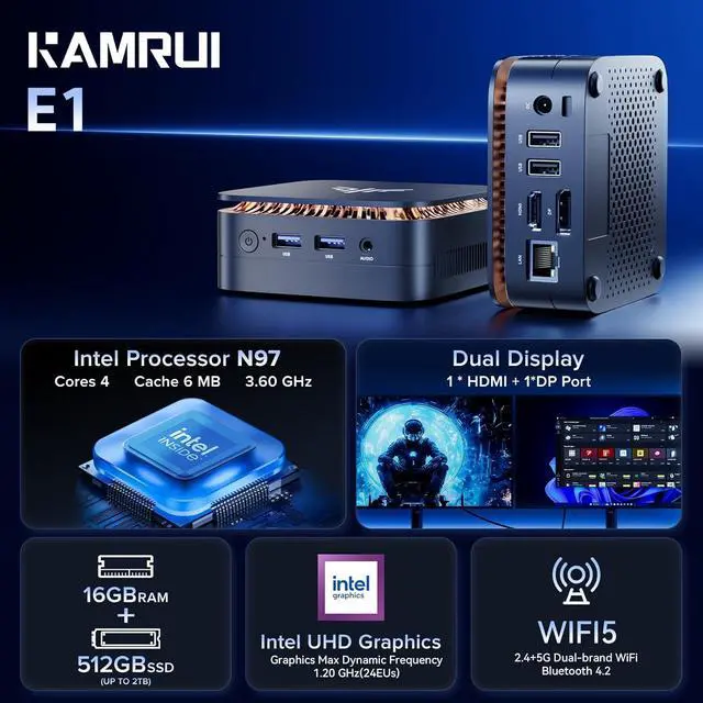 Alt view image 5 of 6 - KAMRUI Mini PC Computer, Intel Processor N97 (up to 3.6 GHz), 16GB DDR4 RAM 512GB M.2 SSD, Mini Desktop Computer Support Dual 4K, WiFi, Bluetooth, Ethernet, HTPC for Business, Education, Home