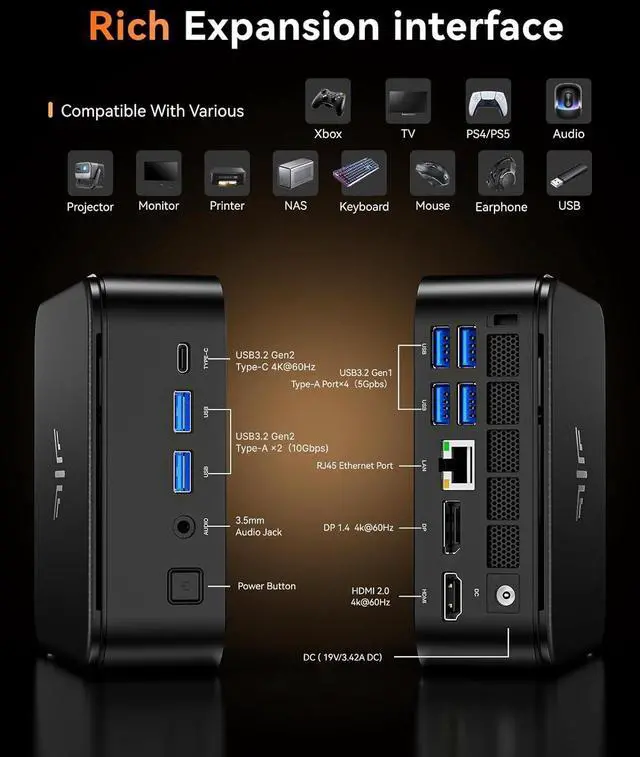 Alt view image 4 of 6 - KAMRUI E3B Mini PC AMD Ryzen 7 5825U (8C/16T, Up to 4.5GHz), 16GB DDR4 RAM, 512GB SSD, WiFi 6, BT 5.2, HDMI 2.0/DP 1.4/USB-C 4K@60Hz, Triple Display, Windows 11 Pro