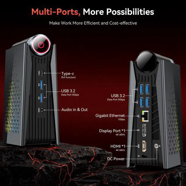Alt view image 3 of 5 - NIPOGI S3A Mini PC AMD Ryzen 7 H255 16GB DDR5 512GB NVMe SSD 8K Output USB4 WiFi 6E Gray-Black