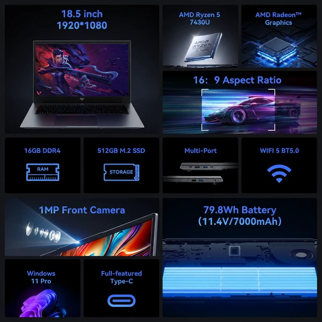 Alt view image 4 of 4 - Laptop 18.5 FHD, AMD Ryzen 5 7430U, 16GB DDR4 RAM, 512GB NVMe SSD, Windows 11 Pro, AMD Radeon Vega 7 Graphics, WiFi 6