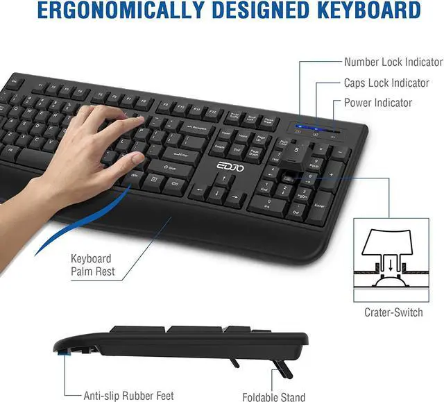 Alt view image 3 of 7 - Wireless Keyboard and Mouse Combo, EDJO 2.4G Full-Sized Ergonomic Computer Keyboard with Wrist Rest and 3 Level DPI Adjustable Wireless Mouse for Windows, Mac OS Desktop/Laptop/Pc