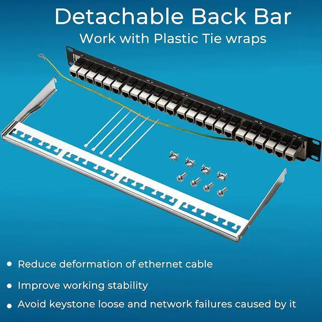 Alt view image 6 of 7 - Patch Panel 24 Port Cat6A with Inline Keystone 10G Support, Rapink Coupler Patch Panel STP Shielded 19-Inch with Removable Back Bar, 1U Network Patch Panel for Cat7, Cat6, Cat6A, Cat5E, Cat5 Cabling