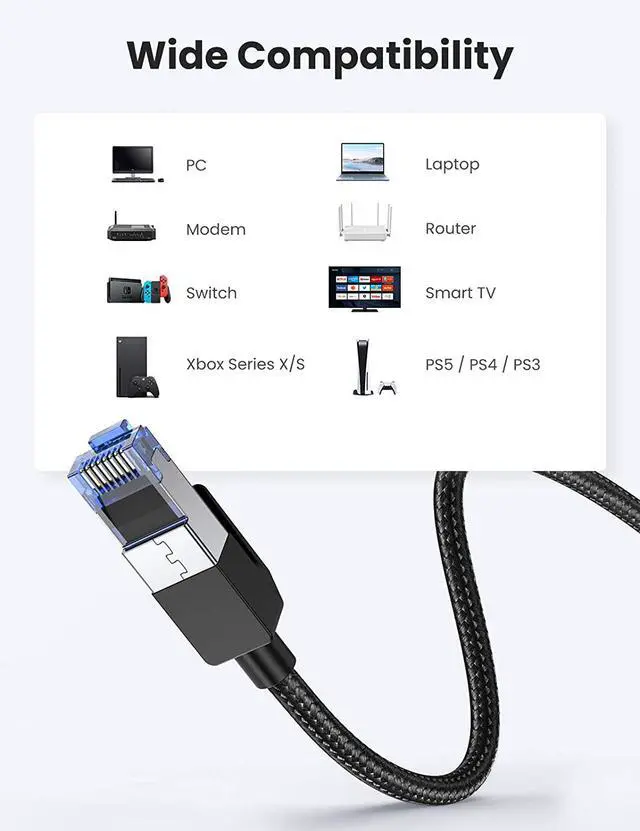 Alt view image 4 of 7 - UGREEN Cat 8 Ethernet Cable High Speed Braided 40Gbps 2000Mhz Network Cord Cat8 RJ45 Shielded Indoor Heavy Duty LAN Cables Compatible for Gaming PC PS5 PS4 PS3 Xbox Modem Router 6FT