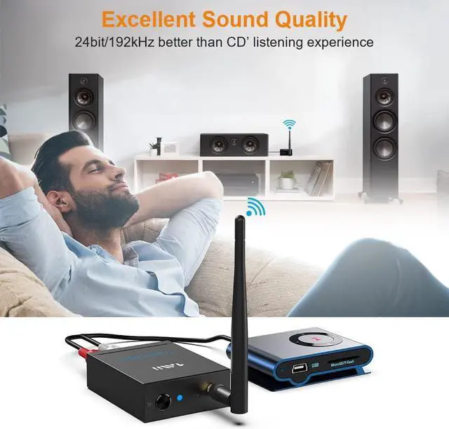 Alt view image 4 of 7 - 1Mii 2.4Ghz Wireless Audio Transmitter Receiver for TV, 320ft Long Range 20ms Low Delay 192kHz/24bit HiFi Audio, Wireless Adapter Kit for Subwoofer/Powered Speaker/Stereo/Soundbar, RCA Out/in