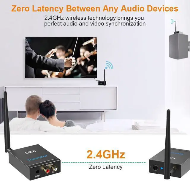 Alt view image 3 of 7 - 1Mii 2.4Ghz Wireless Audio Transmitter Receiver for TV, 320ft Long Range 20ms Low Delay 192kHz/24bit HiFi Audio, Wireless Adapter Kit for Subwoofer/Powered Speaker/Stereo/Soundbar, RCA Out/in