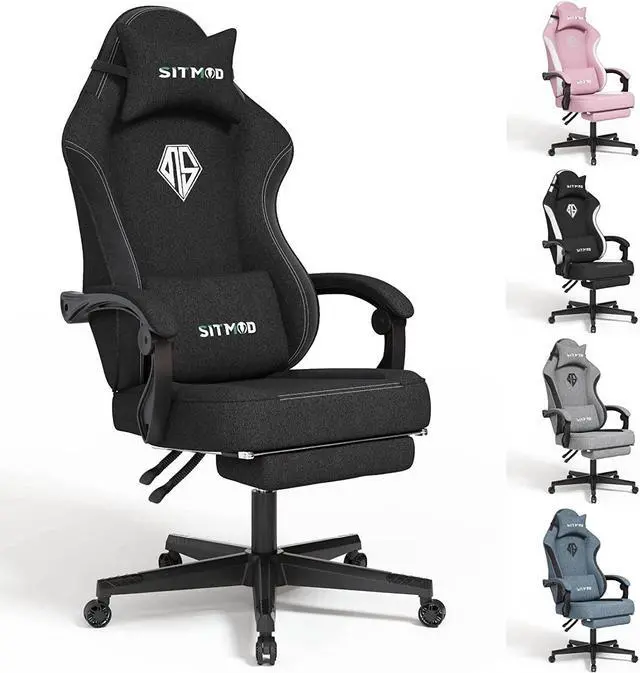 Main image of SITMOD Gaming Chair with Footrest-PC Computer Ergonomic Video Game Chair-Backrest and Seat Height Adjustable Swivel Task Chair for Adults with Headrest and Lumbar Support(Black)-Fabric
