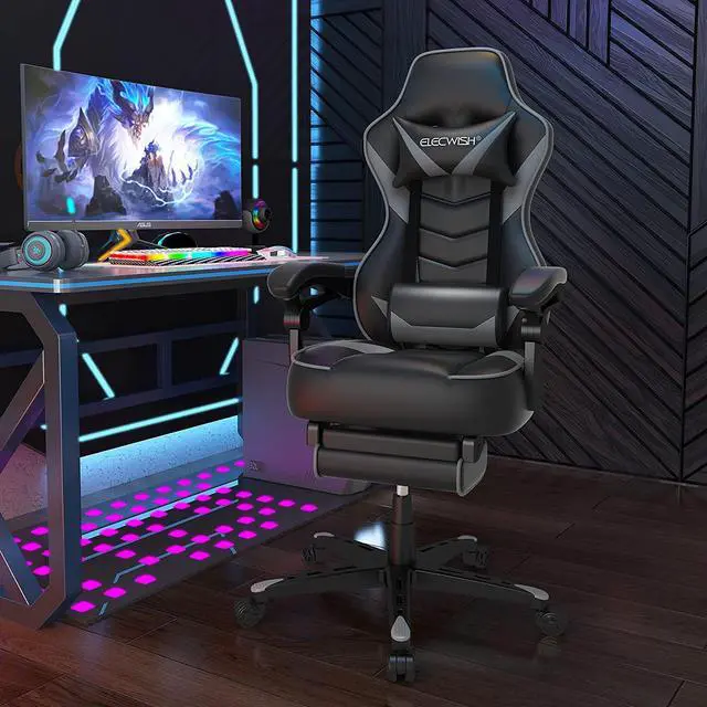 Alt view image 5 of 7 - ELECWISH Gaming Chair, Gamer Chair with Footrest, Ergonomic Racing Chair for Adluts with Padding Armrests PU Leather, 90-150 Degree Tilt Computer Gaming Chair with Footrest, Gray