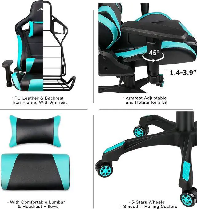 Alt view image 5 of 7 - Leopard Gaming Chair, High Back PU Leather Office Chair, Adjustable Video Gaming Chairs, Swivel Racing Chair with Adjustable Armrest (Black/Light Blue)