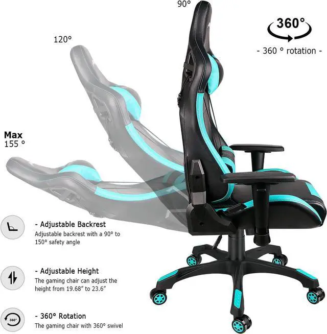 Alt view image 4 of 7 - Leopard Gaming Chair, High Back PU Leather Office Chair, Adjustable Video Gaming Chairs, Swivel Racing Chair with Adjustable Armrest (Black/Light Blue)