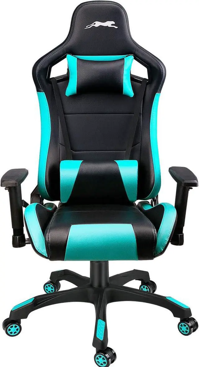 Alt view image 6 of 7 - Leopard Gaming Chair, High Back PU Leather Office Chair, Adjustable Video Gaming Chairs, Swivel Racing Chair with Adjustable Armrest (Black/Light Blue)
