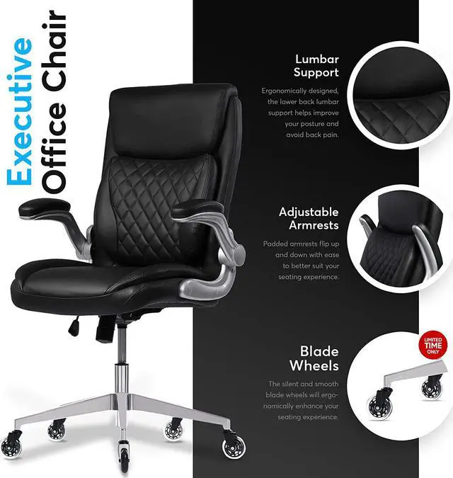 Alt view image 3 of 6 - Oline ErgoAce Ergonomic Executive Office Chair, Rolling Home Desk PU Leather Gaming Computer Chair with Adjustable Armrests, Lumbar Support, Blade Wheels (Black)
