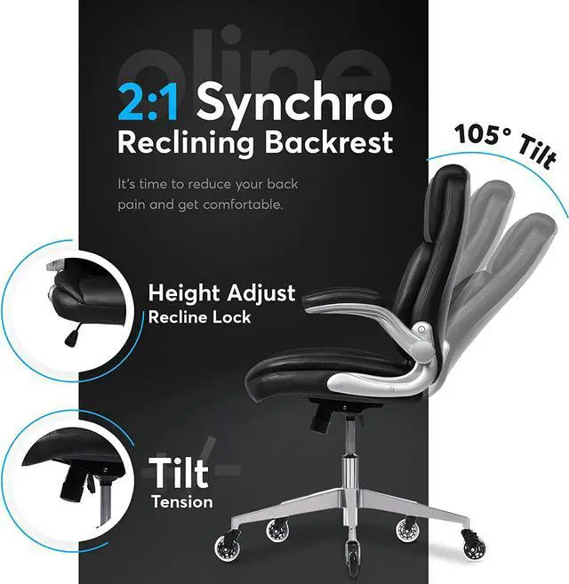 Alt view image 4 of 6 - Oline ErgoAce Ergonomic Executive Office Chair, Rolling Home Desk PU Leather Gaming Computer Chair with Adjustable Armrests, Lumbar Support, Blade Wheels (Black)