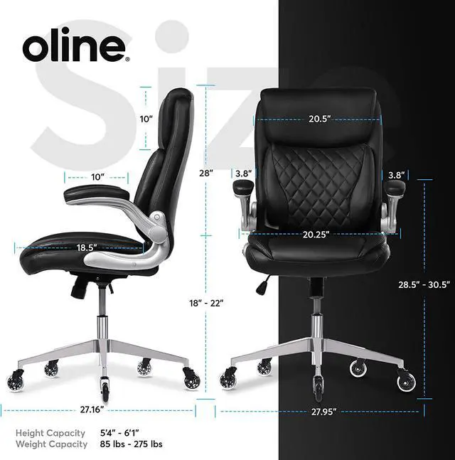 Alt view image 2 of 6 - Oline ErgoAce Ergonomic Executive Office Chair, Rolling Home Desk PU Leather Gaming Computer Chair with Adjustable Armrests, Lumbar Support, Blade Wheels (Black)