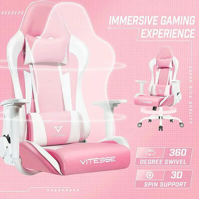 Alt view image 3 of 7 - Pink Gaming Chair for Girl, Cute Kawaii Racing Office Desk Chair,Adjustable High Back Swivel Leather Game Chair with Lumbar Support and Headrest