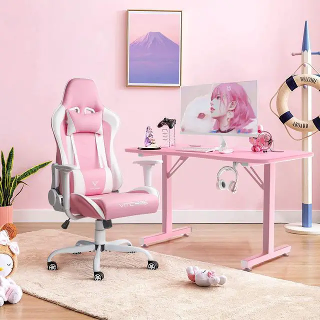 Alt view image 2 of 7 - Pink Gaming Chair for Girl, Cute Kawaii Racing Office Desk Chair,Adjustable High Back Swivel Leather Game Chair with Lumbar Support and Headrest