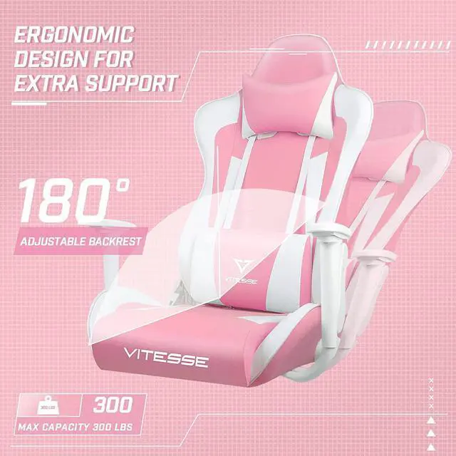 Alt view image 5 of 7 - Pink Gaming Chair for Girl, Cute Kawaii Racing Office Desk Chair,Adjustable High Back Swivel Leather Game Chair with Lumbar Support and Headrest