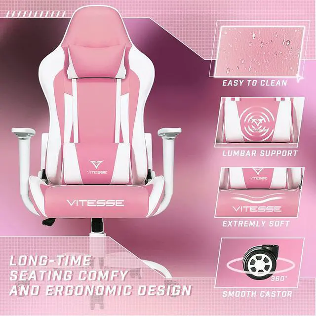 Alt view image 6 of 7 - Pink Gaming Chair for Girl, Cute Kawaii Racing Office Desk Chair,Adjustable High Back Swivel Leather Game Chair with Lumbar Support and Headrest