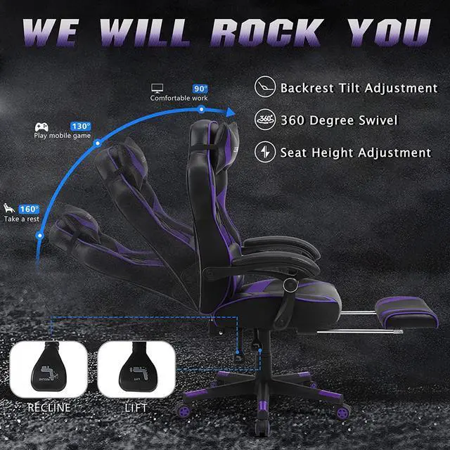 Alt view image 3 of 7 - Zeanus Purple Gaming Chair for Adults Big and Tall Computer Gaming Chair Gaming Chair with Massage Ergonomic Gaming Chair with Footrest Reclining Chair High Back Racing Chair E-Sports Gamer Chair