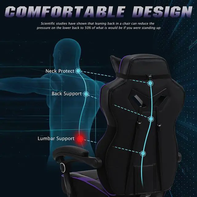 Alt view image 4 of 7 - Zeanus Purple Gaming Chair for Adults Big and Tall Computer Gaming Chair Gaming Chair with Massage Ergonomic Gaming Chair with Footrest Reclining Chair High Back Racing Chair E-Sports Gamer Chair