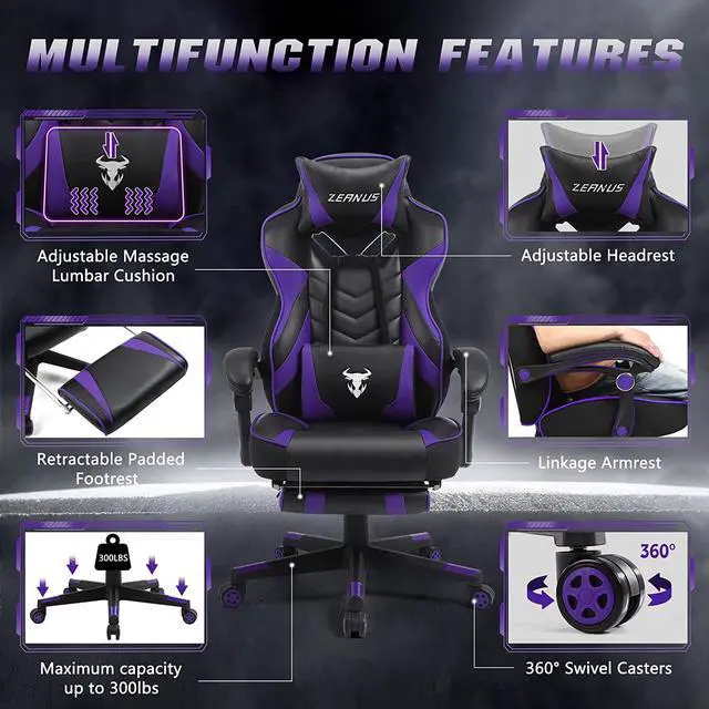 Alt view image 5 of 7 - Zeanus Purple Gaming Chair for Adults Big and Tall Computer Gaming Chair Gaming Chair with Massage Ergonomic Gaming Chair with Footrest Reclining Chair High Back Racing Chair E-Sports Gamer Chair