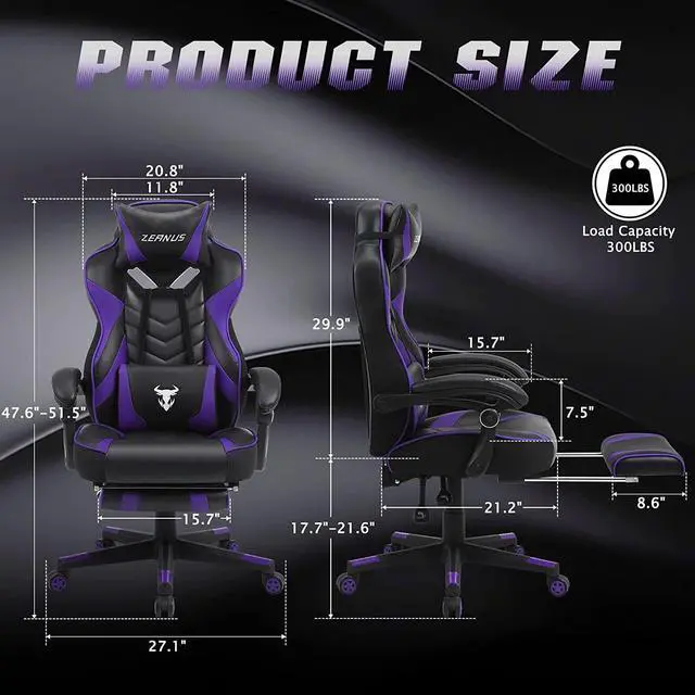 Alt view image 7 of 7 - Zeanus Purple Gaming Chair for Adults Big and Tall Computer Gaming Chair Gaming Chair with Massage Ergonomic Gaming Chair with Footrest Reclining Chair High Back Racing Chair E-Sports Gamer Chair
