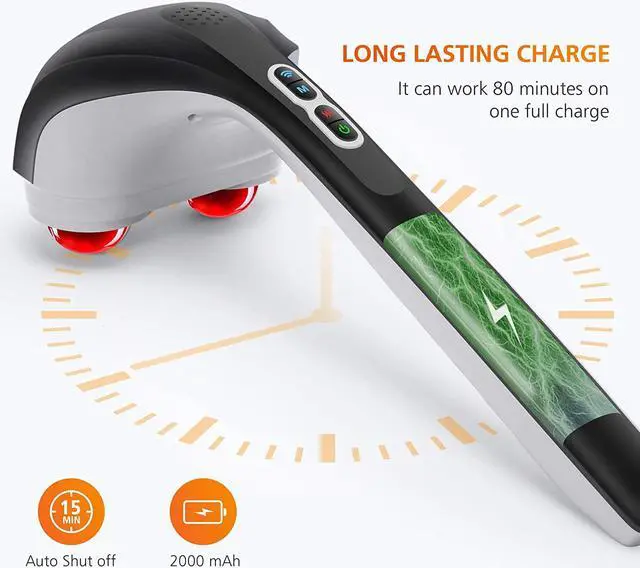 Alt view image 6 of 7 - Snailax Cordless Handheld Back Massager with Heat,Deep Tissue Percussion Massager, 3 Sets of Dual Pivoting Heads,Rechargeable Hand Held Massager for Neck,Back Shoulder,Calf,Legs