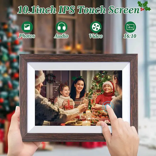 Alt view image 3 of 5 - WiFi Digital Picture Frame 10.1 Inch Smart Digital Photo Frame with IPS Touch Screen HD Display, 16GB Storage Easy Setup to Share Photos or Videos Anywhere via Free Frameo APP (Brown Wood Frame)