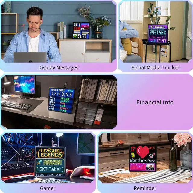 Alt view image 5 of 7 - Pixoo-64 - WiFi Pixel Cloud Digital Picture Frame with APP Control,64 X 64 LED Panel Display Frame for Gaming Room Decoration/Social Media Fans Counter