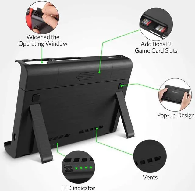 Alt view image 2 of 7 - 10000mAh Battery Charger Case, Compatible with Nintendo Switch & Nintendo Switch OLED Model, Portable Backup Battery Pack, Travel Power Bank, 2-Game Card Slots, Dual Type-C, Micro USB Charging Ports